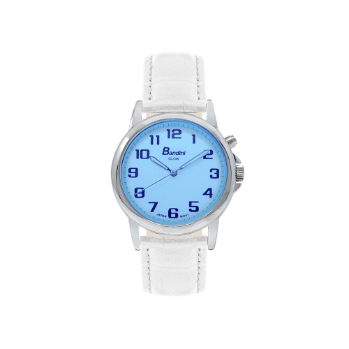 BANDINI  Womens Silver Tone Glow Watch, Alligator Pattern Leather Band, 28MM Analog Easy to Read Dial, Light Up, Quartz, Big Numbers In White
