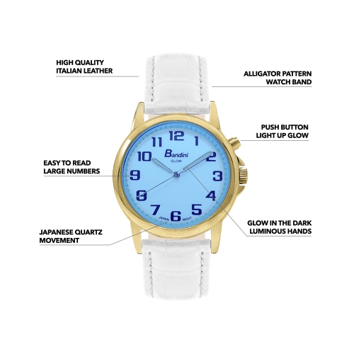 Womens Gold Tone Glow Watch, Alligator Pattern Leather Band, 28mm Analog Easy to Read, Light Up, Quartz, White Dial, Big Numbers