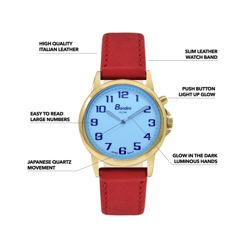 Womens Gold Tone Glow Watch, Leather Band, 28mm Analog Easy to Read with Big numbers, Light Up, Quartz, White Dial