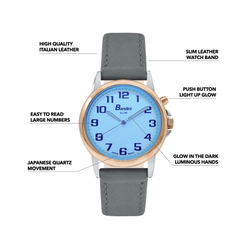 Womens Rose Gold Tone Glow Watch, Leather Band, 28mm Analog Easy to Read with Big Numbers, Light Up, Quartz, White Dial