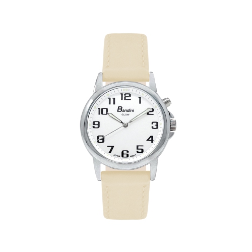 Womens Silver Tone Glow Watch, Leather Band, 28mm Analog Easy to Read with Big numbers, Light Up, Quartz, White Dial