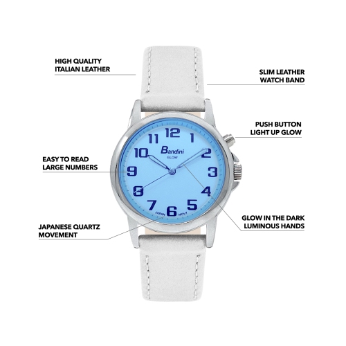 Montre de 28mm analogique pour femmes, couleur argent, bracelet en cuir, cadran blanc lumineux, facile à lire avec gros chiffres, éclairage de nuit,