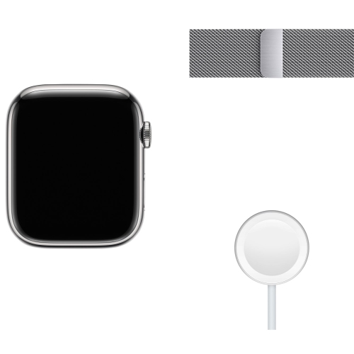 Remis à neuf - Apple Watch Series 7 (GPS + cellulaire) avec boîtier 45 mm en acier inoxydable argenté et bracelet milanais argenté