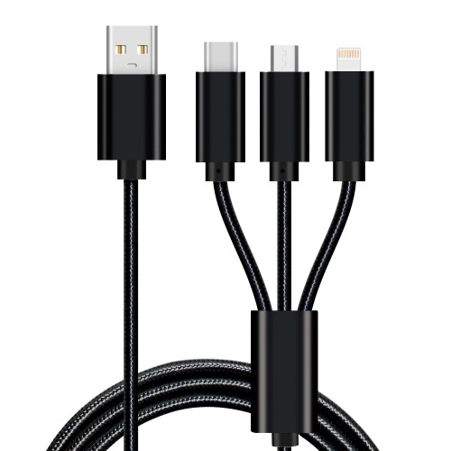 3 in 1 Phone Data Cable, USB Charging Cable with Lightning, USB-C and Micro USB Braided Cable