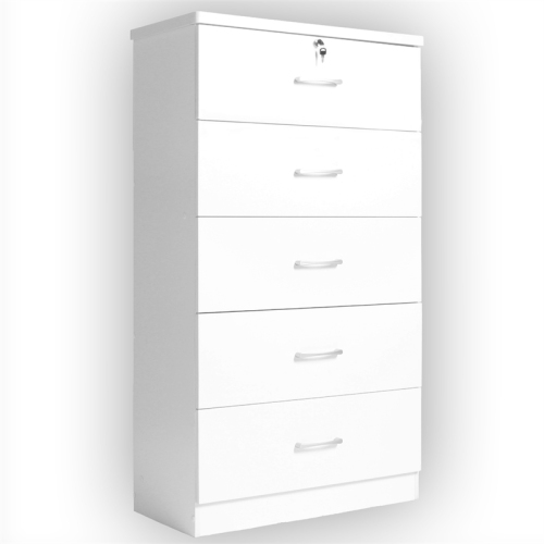 Better Home Products Olivia Wooden Tall 5 Drawer Chest Bedroom Dresser in White
