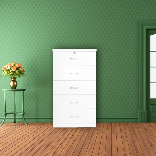 Better Home Products Olivia Wooden Tall 5 Drawer Chest Bedroom Dresser in White