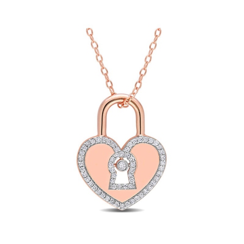 GEM AND HARMONY  1/5 Carat (Ctw) Diamond Heart Lock Pendant Necklace In Plated Sterling Silver With Chain In Pink