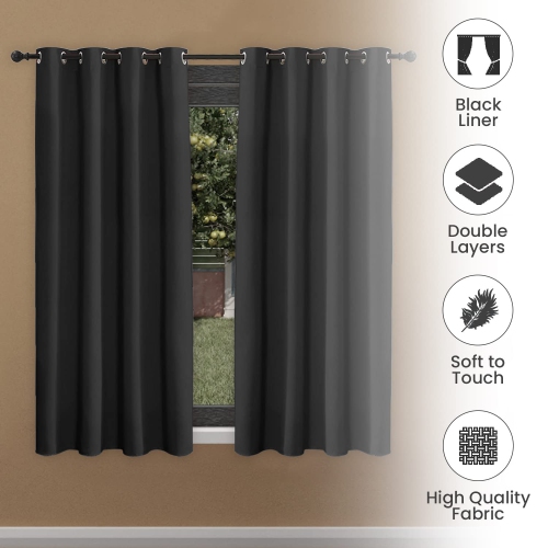 Canadian Linen Triple Weave Blackout Window Curtain, W 52" x L 63", 3 Layer Light Blocking 2 Panel No Noise Washable Polyester Ring Curtains, Black