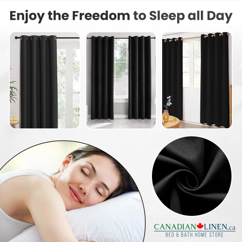 Canadian Linen Triple Weave Blackout Window Curtain, W 52" x L 63", 3 Layer Light Blocking 2 Panel No Noise Washable Polyester Ring Curtains, Black
