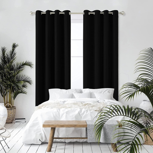 Canadian Linen Triple Weave Blackout Window Curtain, W 52" x L 63", 3 Layer Light Blocking 2 Panel No Noise Washable Polyester Ring Curtains, Black
