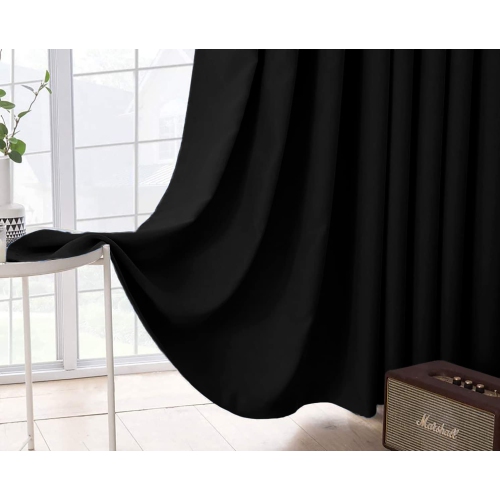Canadian Linen Triple Weave Blackout Window Curtain, W 52" x L 63", 3 Layer Light Blocking 2 Panel No Noise Washable Polyester Ring Curtains, Black