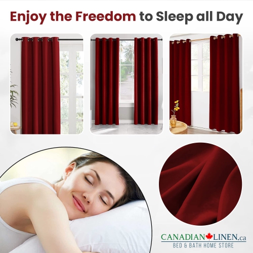 Canadian Linen Triple Weave Blackout Window Curtain, W 52" x L 63", 3 Layer Light Blocking 2 Panel No Noise Washable Polyester Ring Curtains, Red