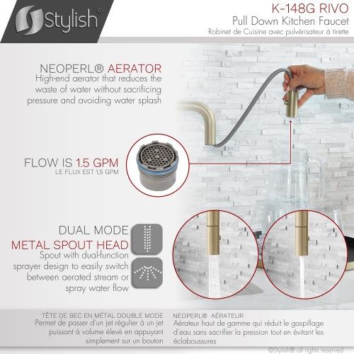 STYLISH Kitchen Sink Faucet Single Handle Pull Down Dual Mode Stainless Steel Golden finish K-148G