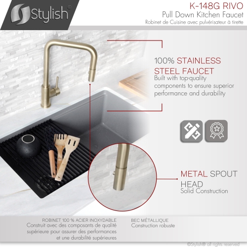 STYLISH Kitchen Sink Faucet Single Handle Pull Down Dual Mode Stainless Steel Golden finish K-148G