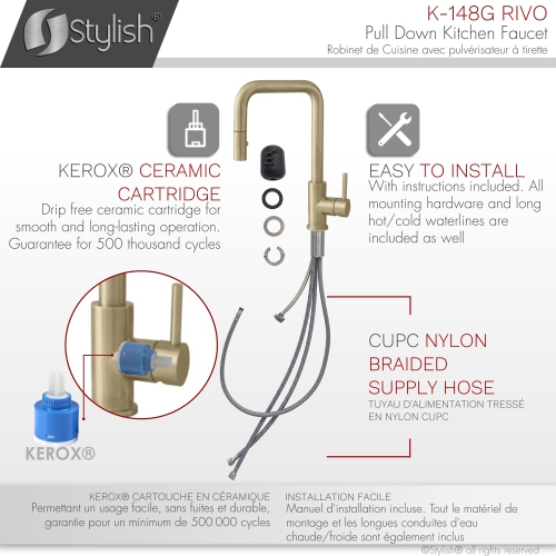 STYLISH Kitchen Sink Faucet Single Handle Pull Down Dual Mode Stainless Steel Golden finish K-148G