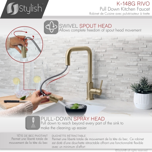 STYLISH Kitchen Sink Faucet Single Handle Pull Down Dual Mode Stainless Steel Golden finish K-148G