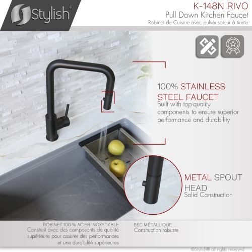STYLISH Kitchen Sink Faucet Single Handle Pull Down Dual Mode Stainless Steel Matte Black finish K-148N