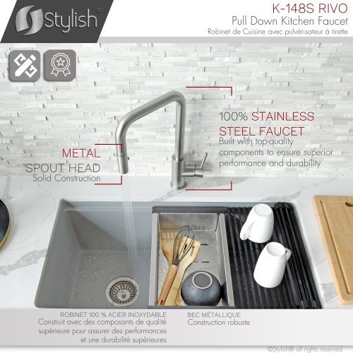 STYLISH Kitchen Sink Faucet Single Handle Pull Down Dual Mode Stainless Steel Brushed finish K-148S