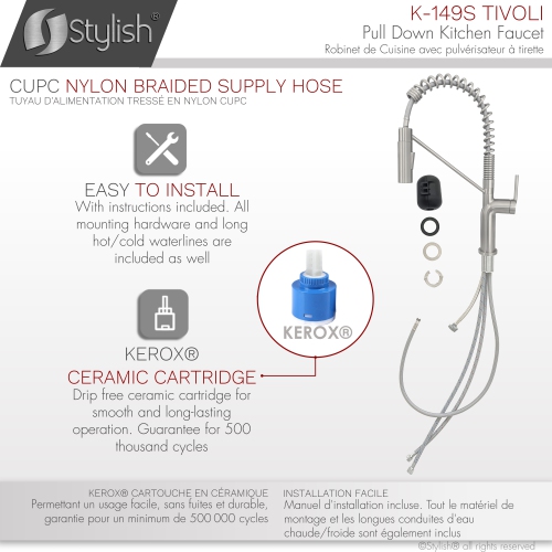 ÉLÉGANT robinet de cuisine à bec rétractable et poignée simple en acier inoxydable au fini brossé K-149S