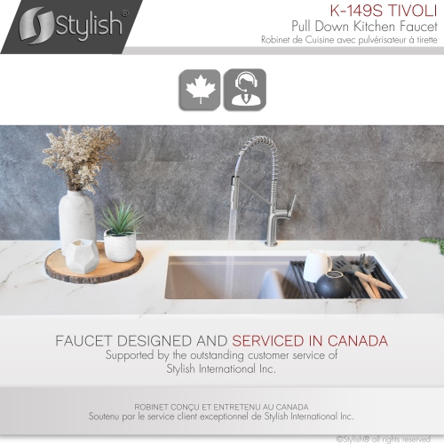 ÉLÉGANT robinet de cuisine à bec rétractable et poignée simple en acier inoxydable au fini brossé K-149S