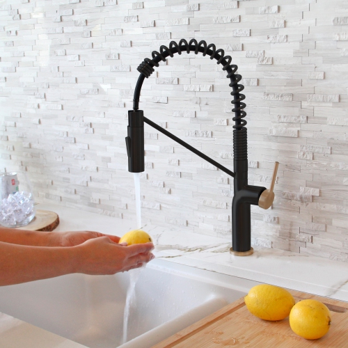 STYLISH Stainless Steel Single Handle Pull Down Sprayer Kitchen Faucet in Matte Black/Gold Finish K-149NG