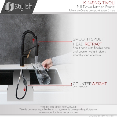 STYLISH Stainless Steel Single Handle Pull Down Sprayer Kitchen Faucet in Matte Black/Gold Finish K-149NG