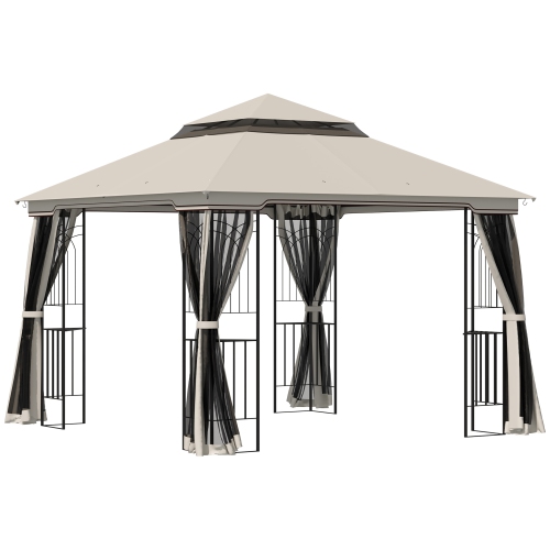 Image 1 de 9.. Outsunny 10' x 10' Tonnelle pavillon jardin patio terrasse gazebo extérieur double toit avec parois latérales en maille amovibles, étagères, crochets
