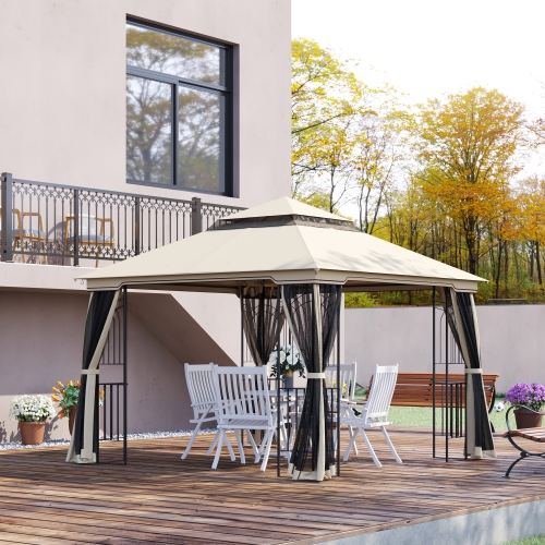 Outsunny 10' x 10' Outdoor Patio Gazebo Canopy with Double Tier Roof, Removable Mesh Curtains, Display Shelves, Top Hooks, Beige