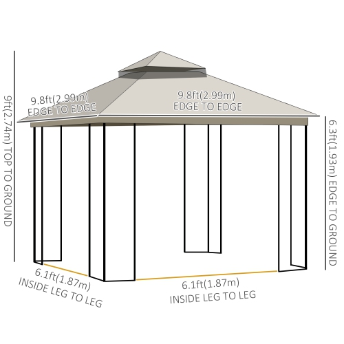 Outsunny 10' x 10' Outdoor Patio Gazebo Canopy with Double Tier Roof, Removable Mesh Curtains, Display Shelves, Top Hooks, Beige