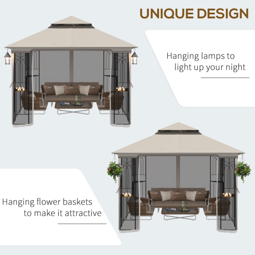 Outsunny 10' x 10' Outdoor Patio Gazebo Canopy with Double Tier Roof, Removable Mesh Curtains, Display Shelves, Top Hooks, Beige