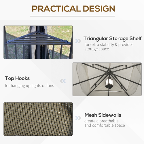 Outsunny 10' x 10' Outdoor Patio Gazebo Canopy with Double Tier Roof, Removable Mesh Curtains, Display Shelves, Top Hooks, Beige
