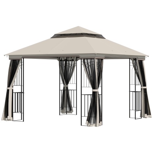 Outsunny 10' x 10' Outdoor Patio Gazebo Canopy with Double Tier Roof, Removable Mesh Curtains, Display Shelves, Top Hooks, Beige