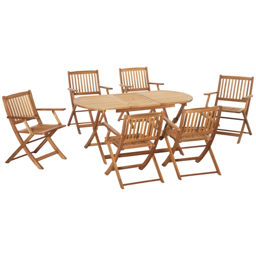 Outsunny 7 Piece Wood Patio Dining Set for 6, Dining Table and Chairs Set with Umbrella Holes, Folding Outdoor Patio Furniture, Teak