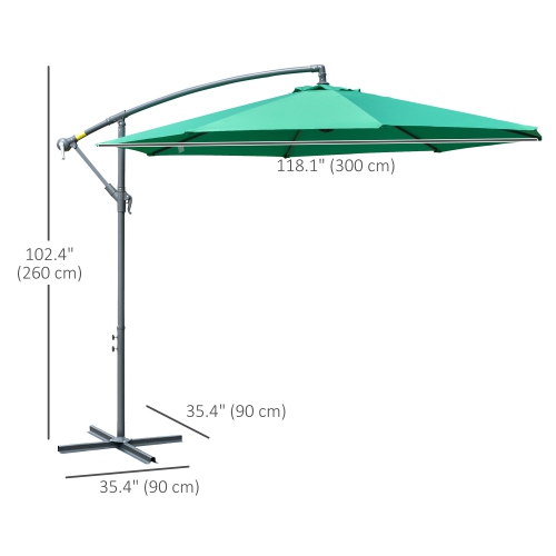 Outsunny 10ft Offset Patio Umbrella with Base, Garden Hanging Parasol with Crank, Banana Cantilever Umbrella Sun Shade, Green