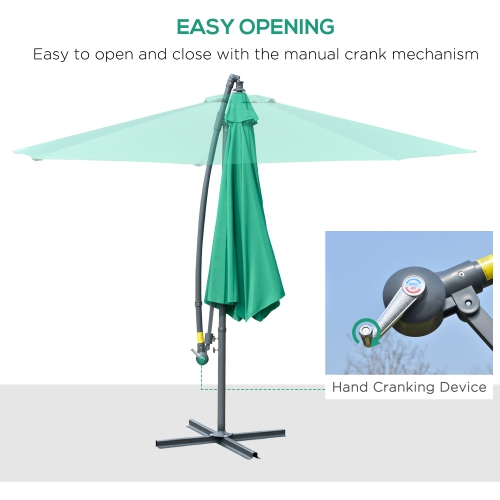 Outsunny 10ft Offset Patio Umbrella with Base, Garden Hanging Parasol with Crank, Banana Cantilever Umbrella Sun Shade, Green