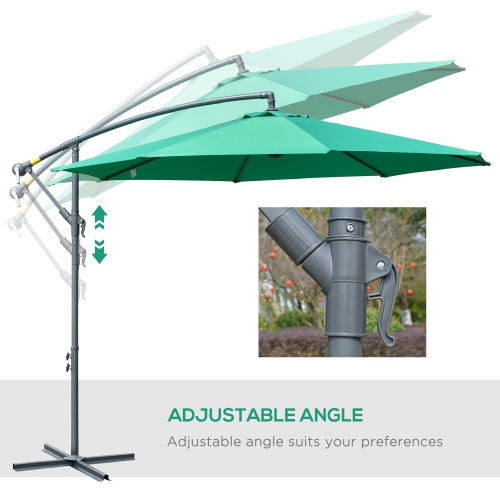 Outsunny 10ft Offset Patio Umbrella with Base, Garden Hanging Parasol with Crank, Banana Cantilever Umbrella Sun Shade, Green