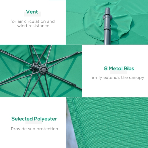 Outsunny 10ft Offset Patio Umbrella with Base, Garden Hanging Parasol with Crank, Banana Cantilever Umbrella Sun Shade, Green