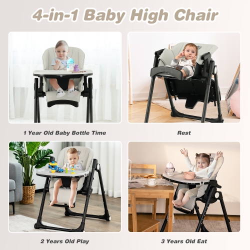Babyjoy 4-in-1 Foldable Baby High Chair Height Adjustable Feeding Chair w/ Wheels