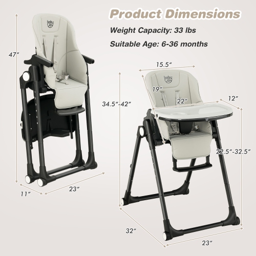 Babyjoy 4-in-1 Foldable Baby High Chair Height Adjustable Feeding Chair w/ Wheels