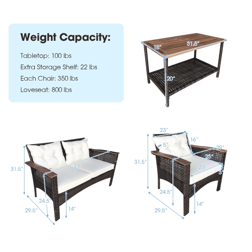 Costway 4PCS Patio Rattan Acacia Wood Furniture Set Cushion Sofa Armrest Deck