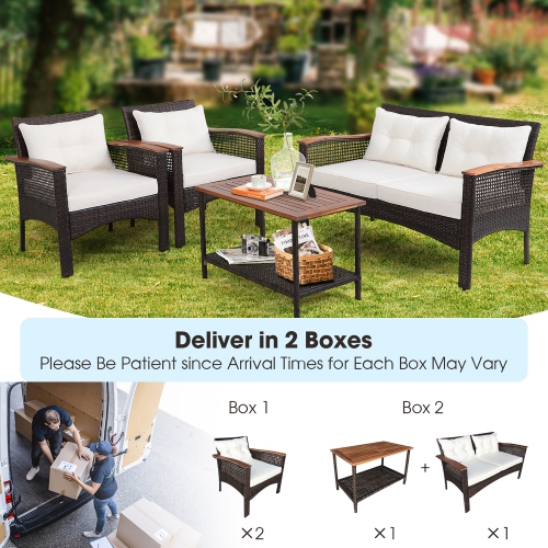 Costway 4PCS Patio Rattan Acacia Wood Furniture Set Cushion Sofa Armrest Deck
