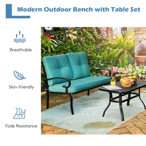 Costway 2PCS Patio Loveseat Bench Table Furniture Set Cushioned Chair