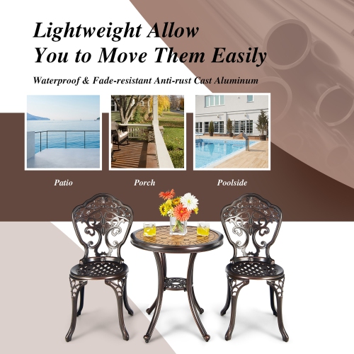 Costway 3PCS Patio Bistro Set Round Table Chairs All Weather Cast Aluminum Yard