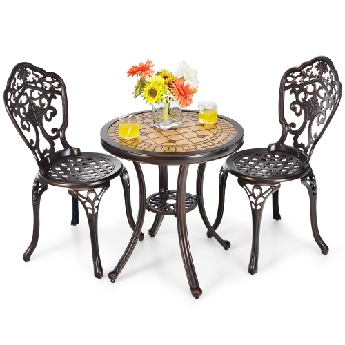 Costway 3PCS Patio Bistro Set Round Table Chairs All Weather Cast Aluminum Yard
