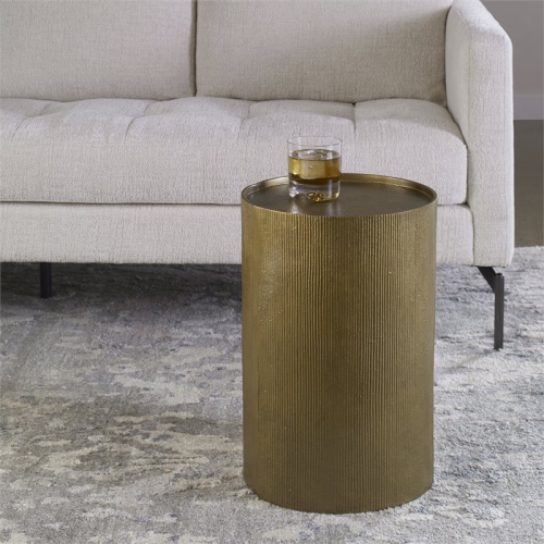 Uttermost Adrina Textured Reeded Exterior Drum Aluminum Accent Table in Gold
