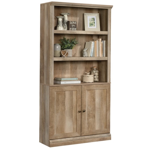 Pemberly Row Storage 3-Shelf 2-Door Tall Wood Bookcase in Oak