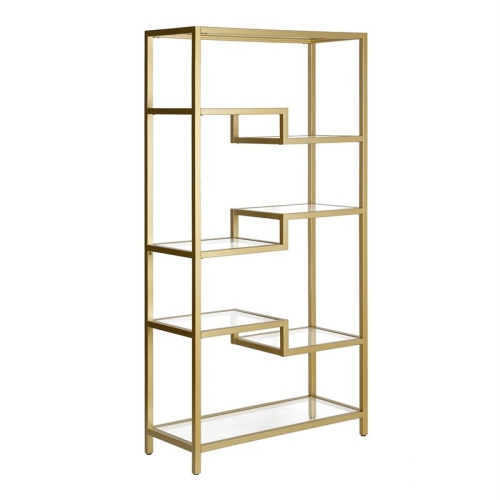 HENN&HART  68" 5-Tier Brass Metal Book Case With Glass Top Shelves