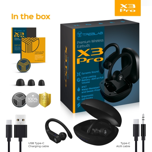 TREBLAB X3 Pro - True Wireless Earbuds with Earhooks - 145H Battery Life, Bluetooth 5.0, IPX5 Waterproof Earbuds - TWS Bluetooth Headphones with