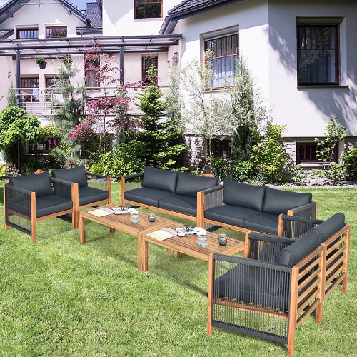 Costway 8PCS Wooden Patio Furniture Set CUS01hioned Sofa W/Rope Armrest