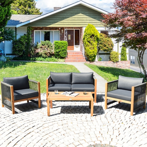 Costway 8PCS Wooden Patio Furniture Set CUS01hioned Sofa W/Rope Armrest